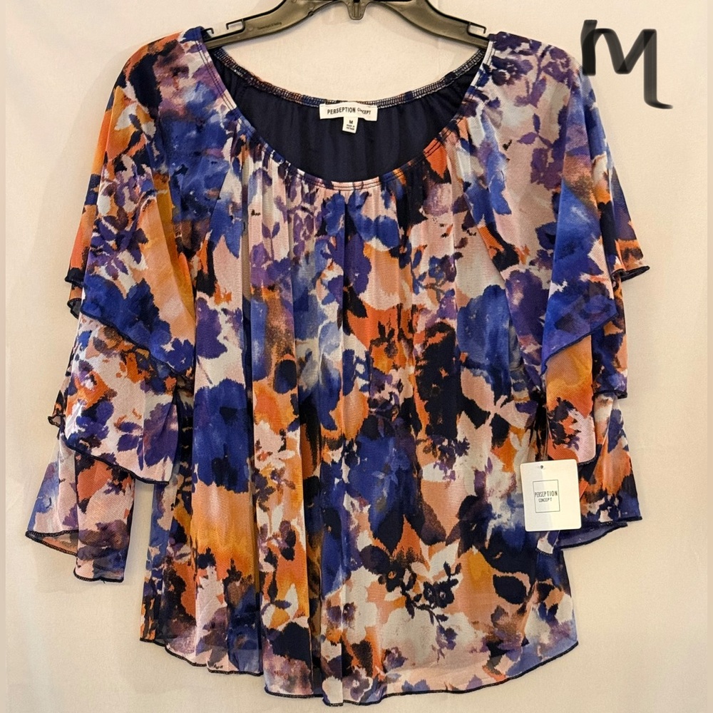Perceptions Navy, Orange & Purple Floral Ruffle Sleeve Blouse